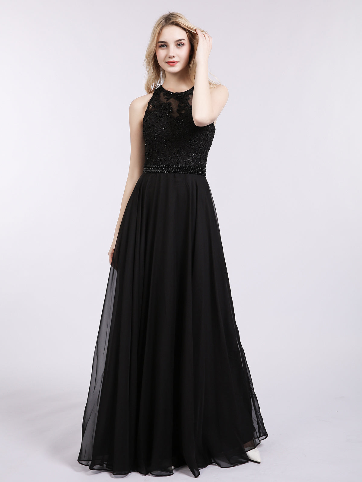 Robe Noire Dos Nu en Mousseline Perlée avec Ceinture