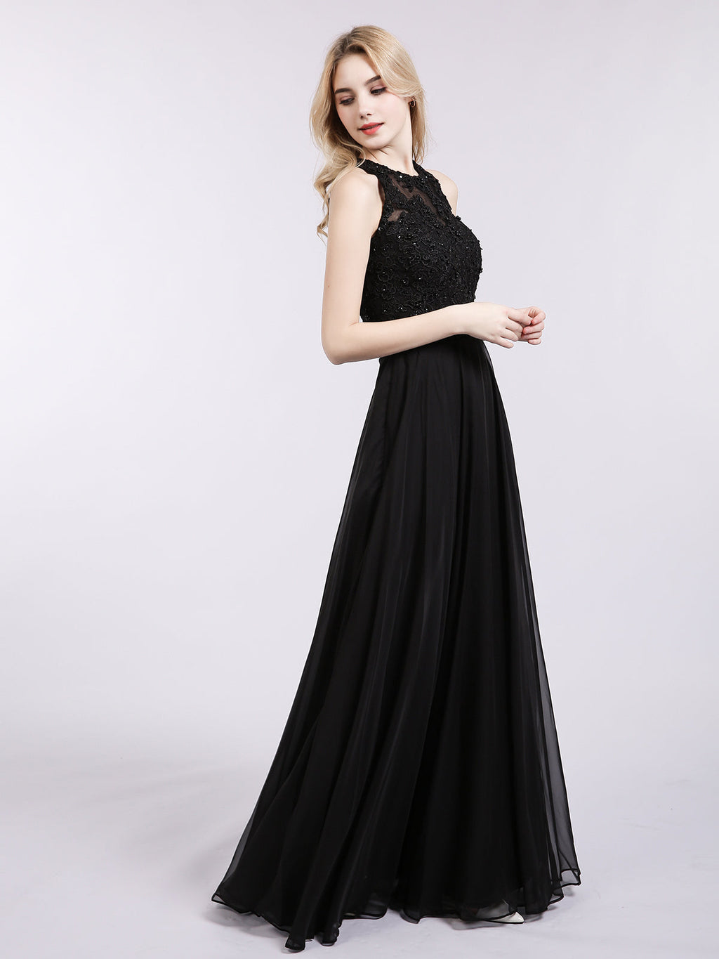 Robe Noire Dos Nu en Mousseline Perlée avec Ceinture
