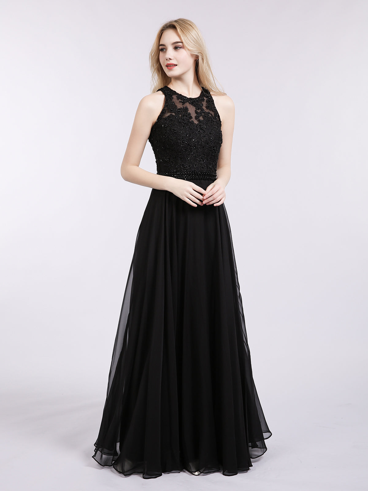 Robe Noire Dos Nu en Mousseline Perlée avec Ceinture