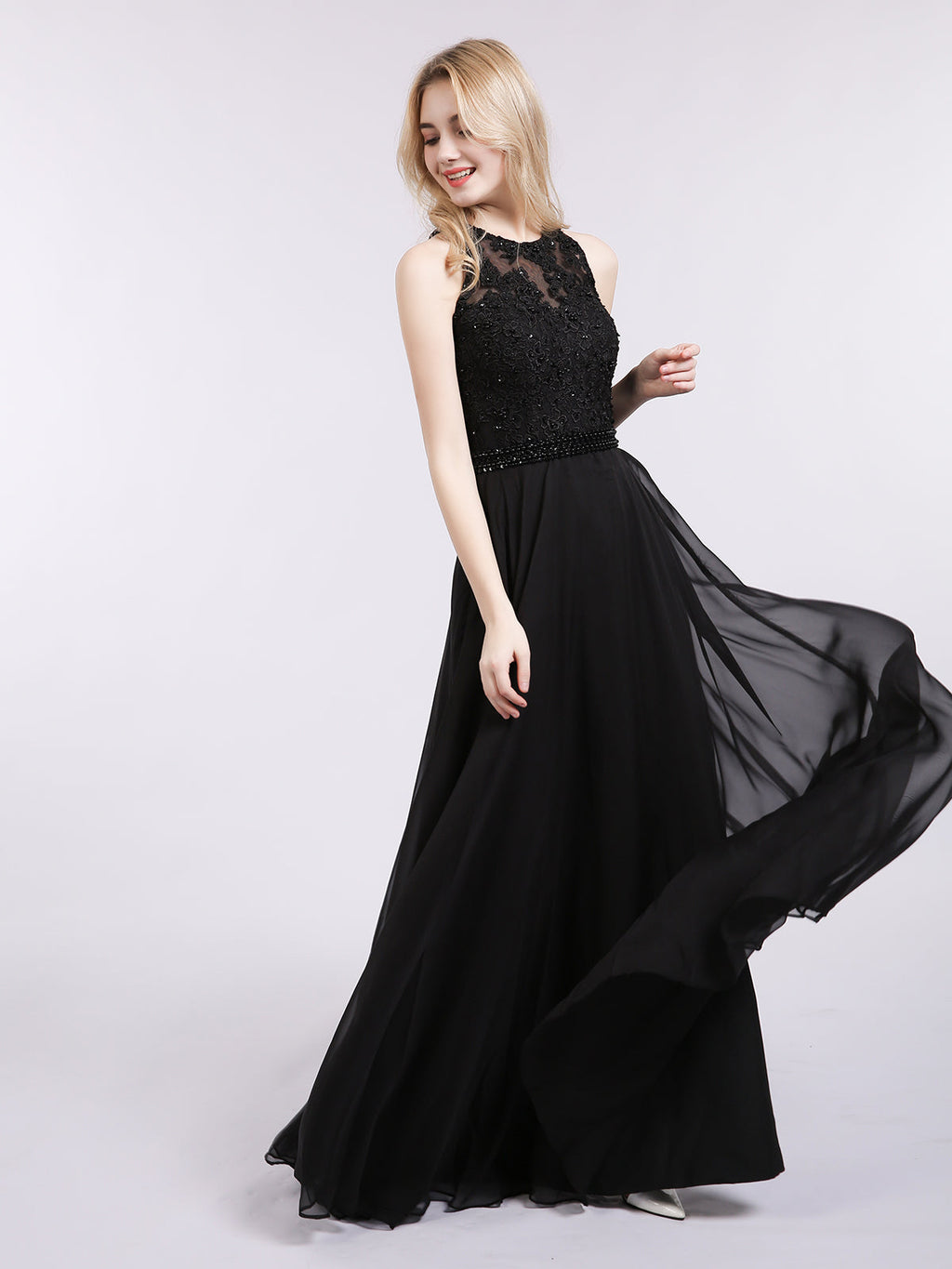 Robe Noire Dos Nu en Mousseline Perlée avec Ceinture