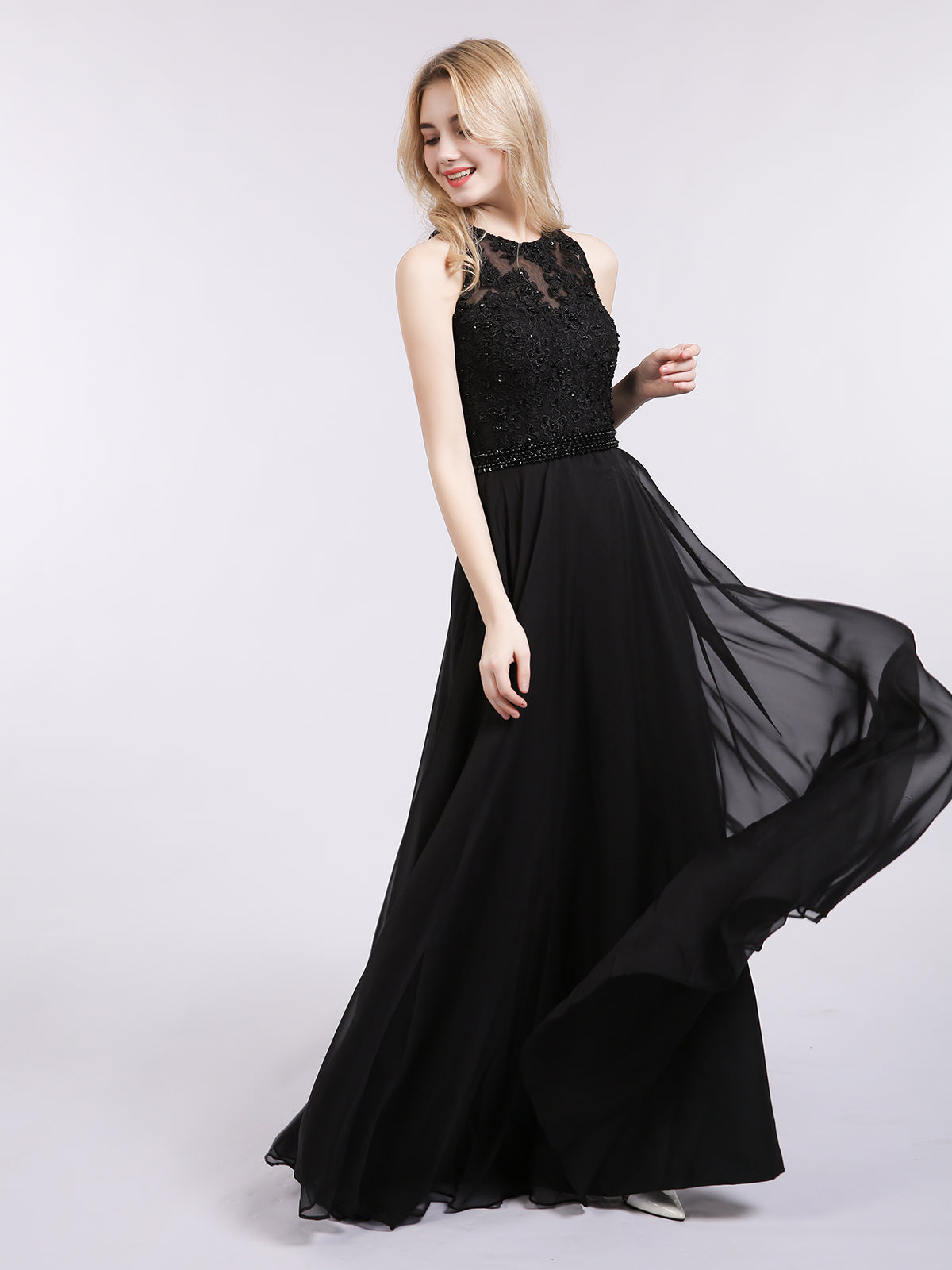 Robe Noire Dos Nu en Mousseline Perlée avec Ceinture