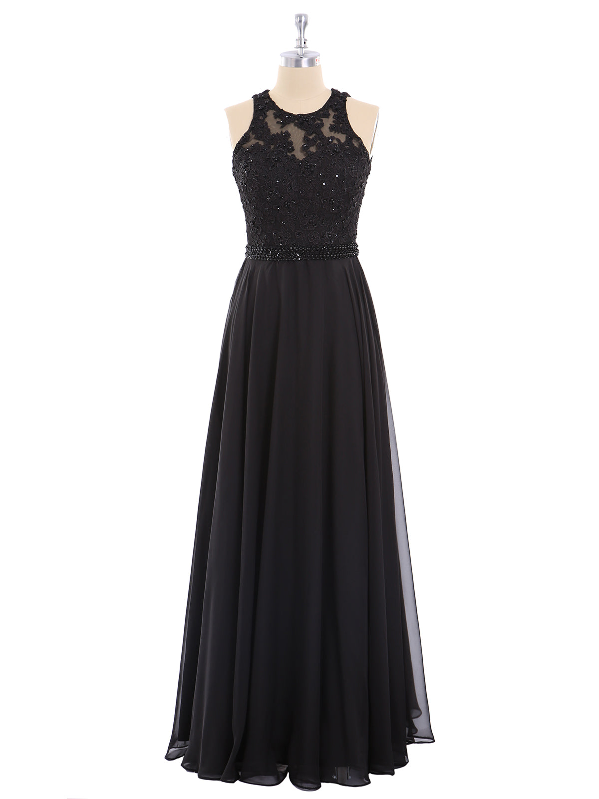 Robe Noire Dos Nu en Mousseline Perlée avec Ceinture