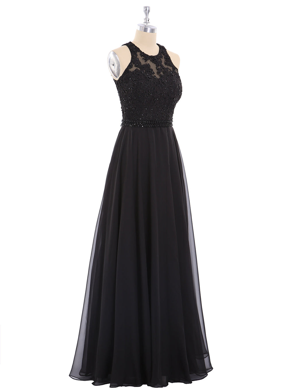 Robe Noire Dos Nu en Mousseline Perlée avec Ceinture