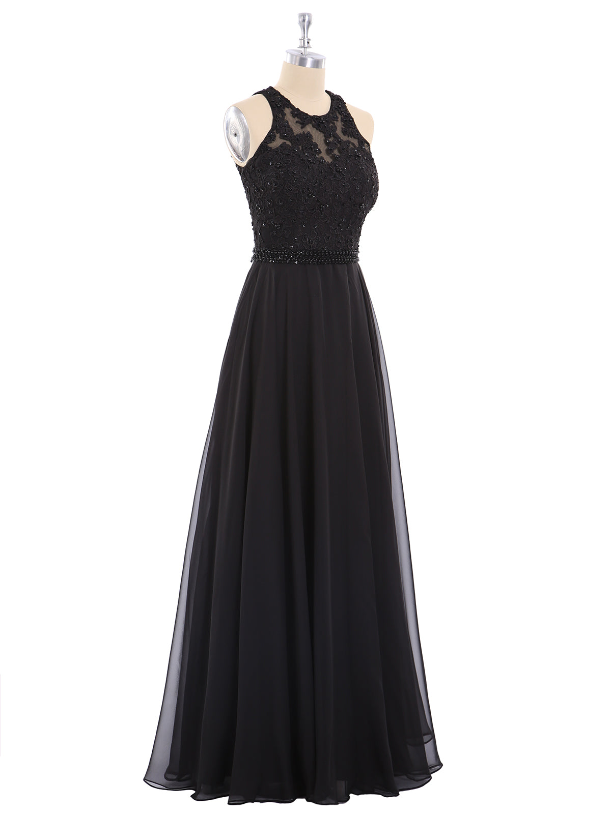 Robe Noire Dos Nu en Mousseline Perlée avec Ceinture