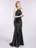 Robe Sirène Noire Scintillante à Licou et Dos Nu