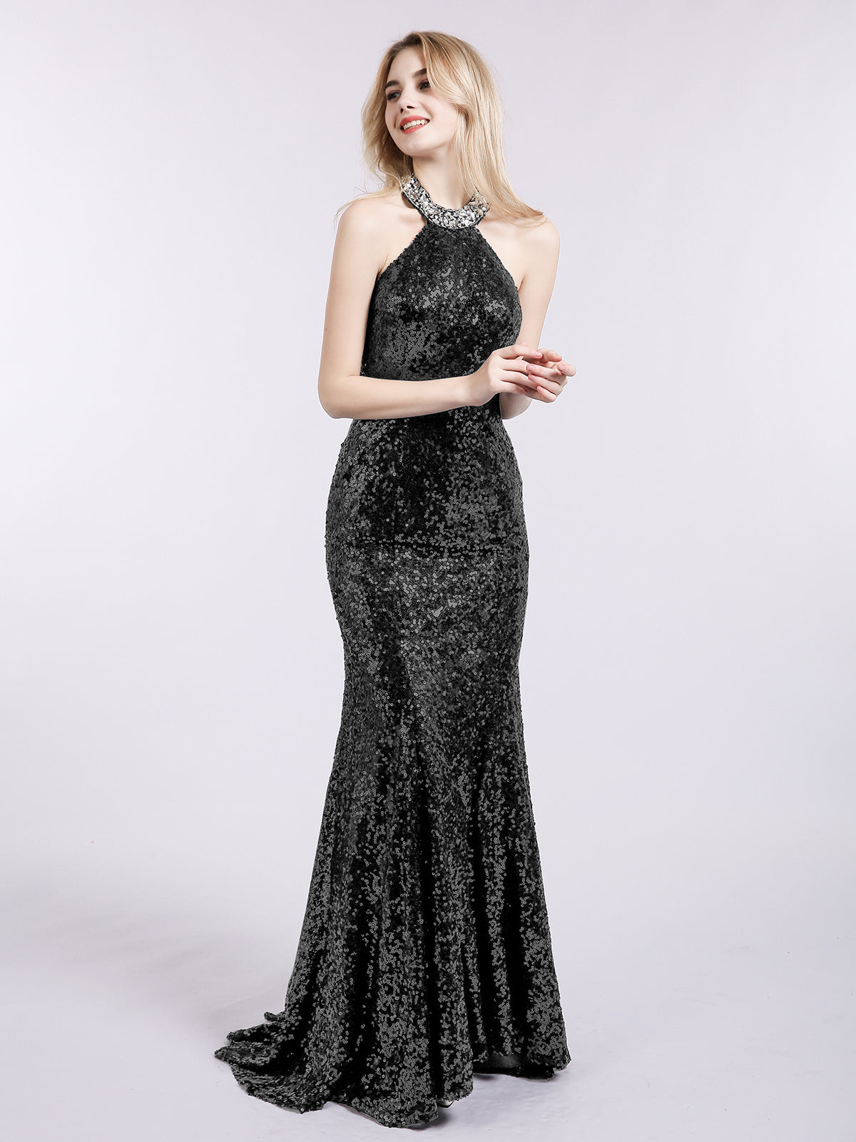 Robe Sirène Noire Scintillante à Licou et Dos Nu