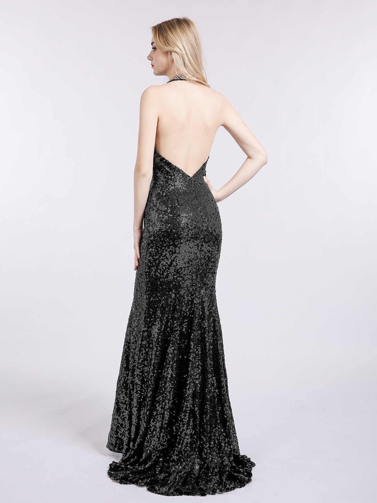 Robe Sirène Noire Scintillante à Licou et Dos Nu