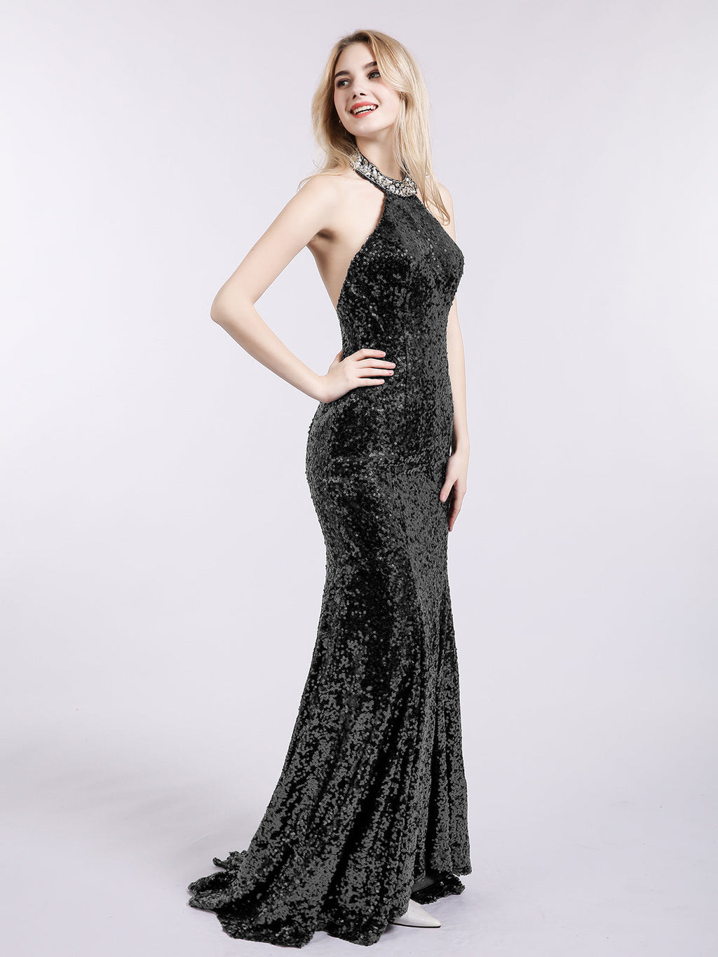 Robe Sirène Noire Scintillante à Licou et Dos Nu
