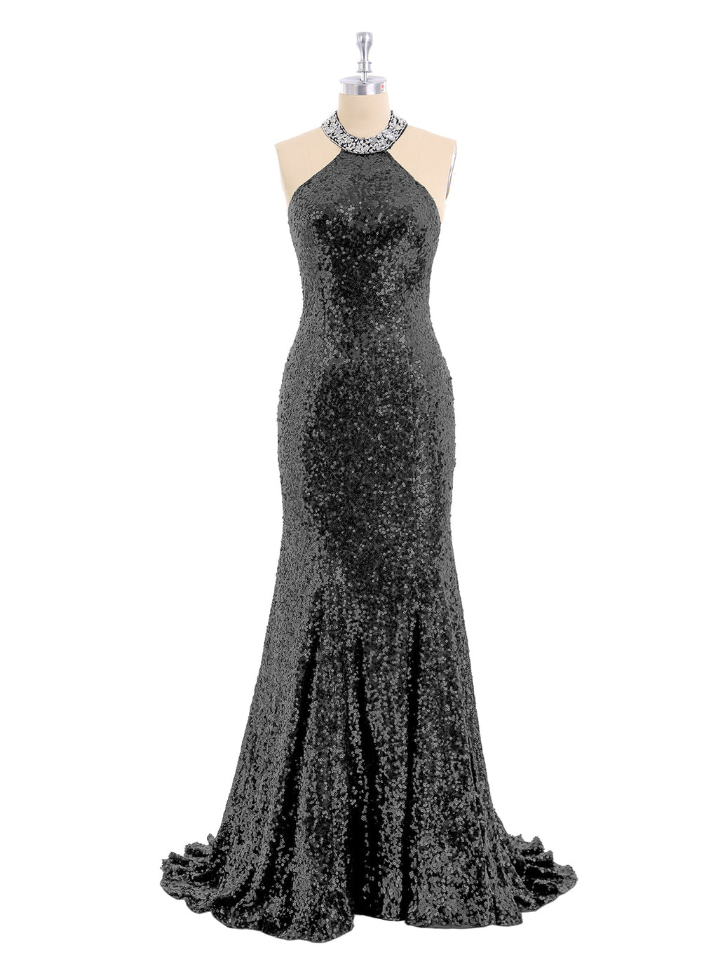 Robe Sirène Noire Scintillante à Licou et Dos Nu