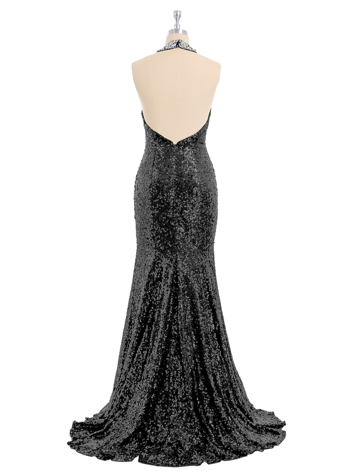 Robe Sirène Noire Scintillante à Licou et Dos Nu