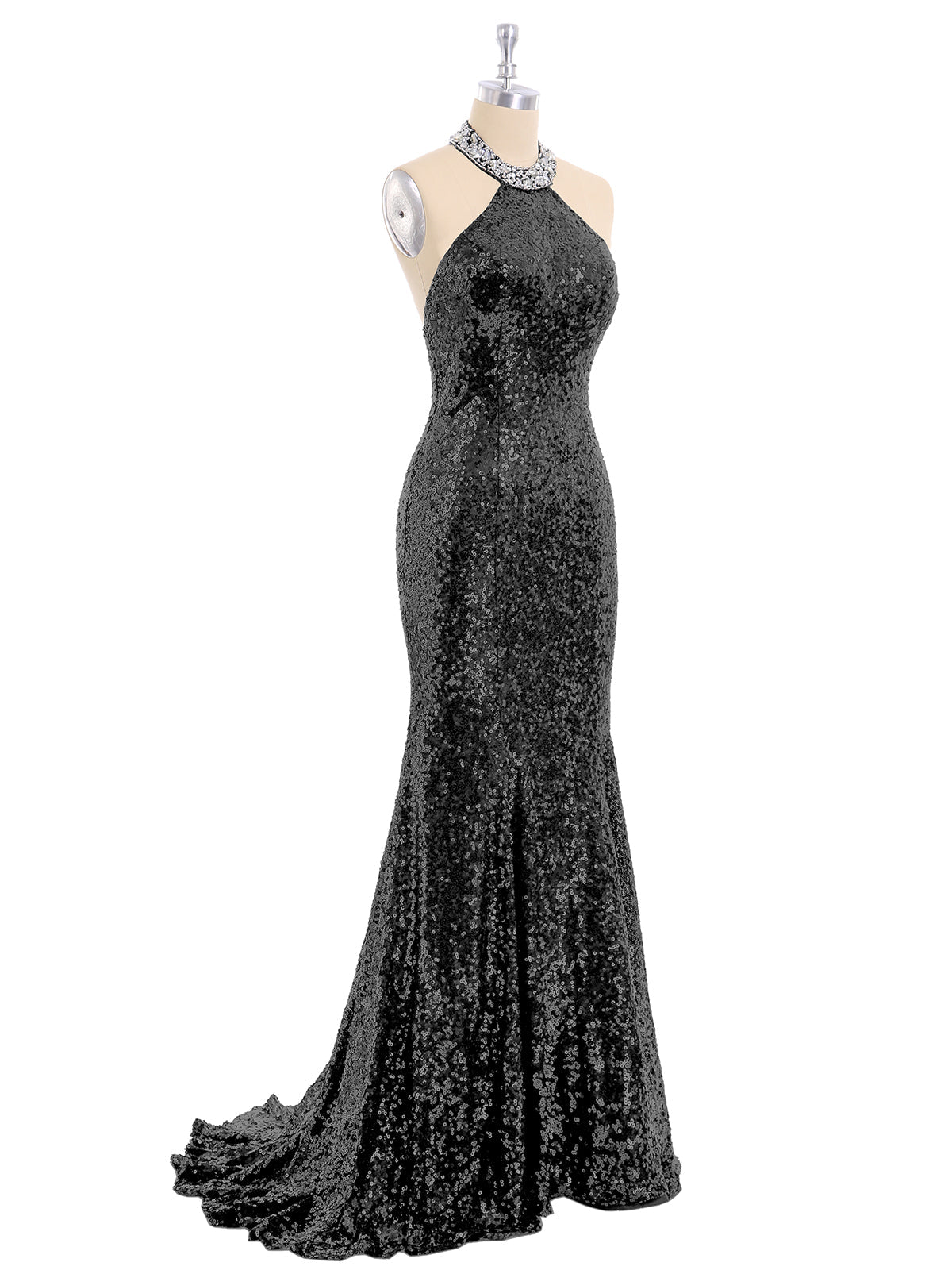 Robe Sirène Noire Scintillante à Licou et Dos Nu
