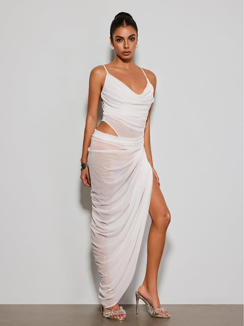 Norvethic Robe longue élégante drapée à découpes et fente
