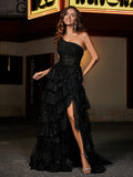 Robe de soirée noire en tulle asymétrique à une épaule, coupe trapèze élégante avec traîne effet balayage