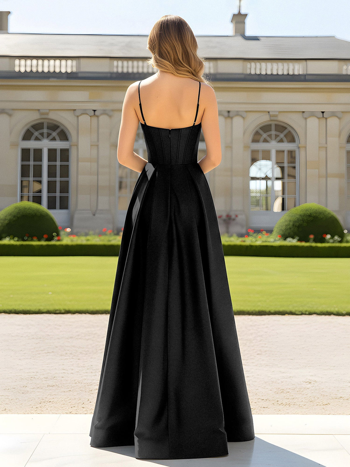 Robe noire en satin, coupe trapèze, à bretelles spaghetti et élégant col bénitier