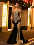 Maxi Robe de Luxe en Velours Ajouré à Col Illusion et Finitions Perlées