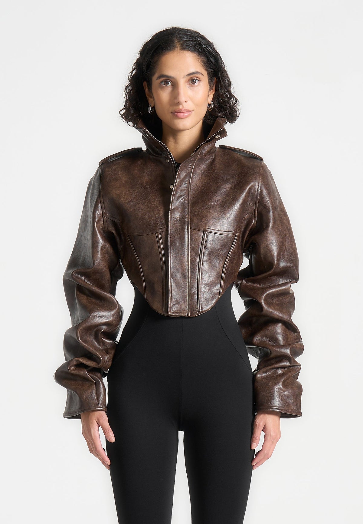 Veste corset vintage Solange en cuir marron avec manches fixées
