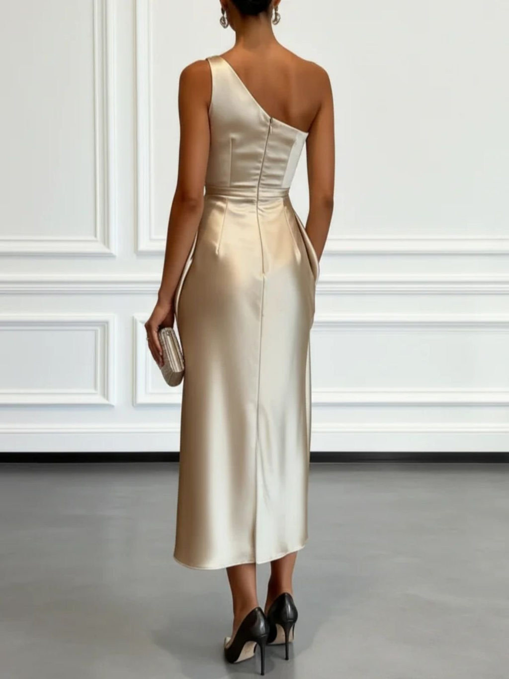Constance Robe midi en satin à une seule bretelle