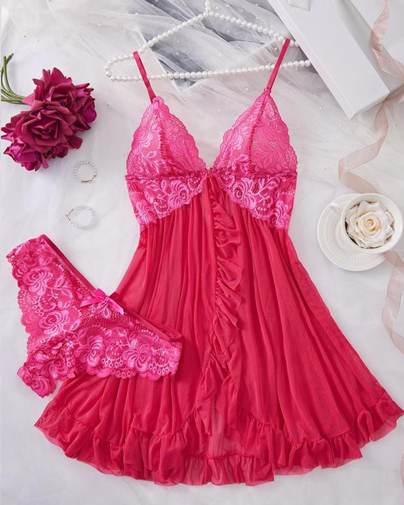 Ensemble nuit sexy en dentelle avec volants et jarretelles pour femme (chemise de nuit et culotte)