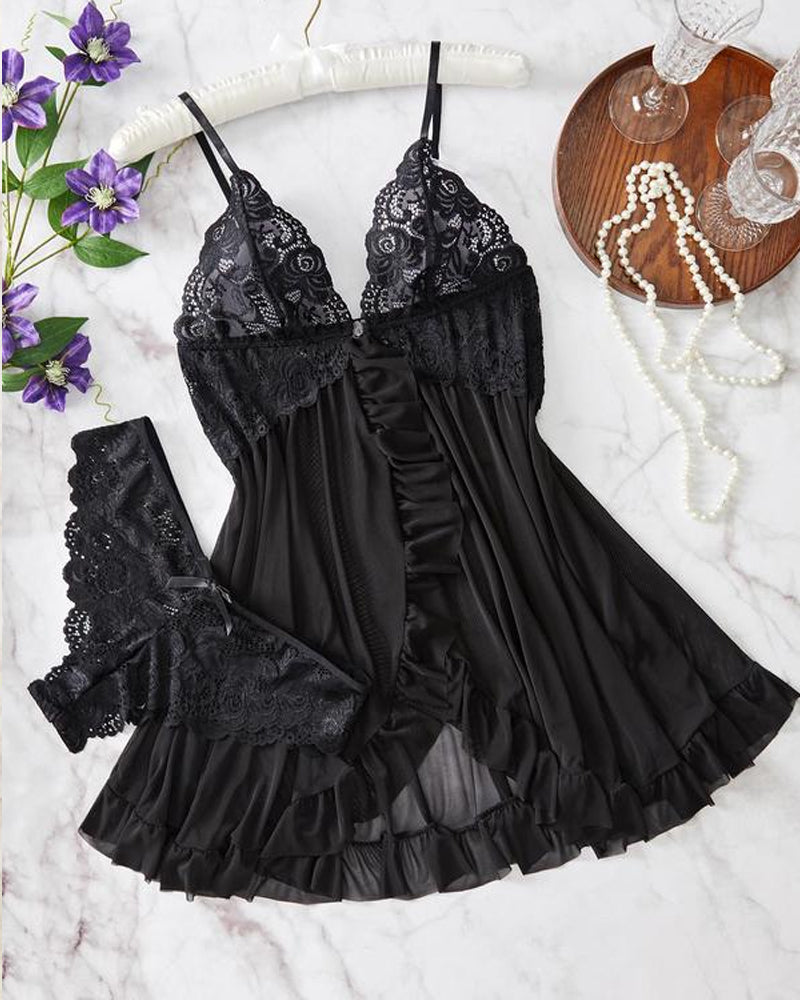 Ensemble nuit sexy en dentelle avec volants et jarretelles pour femme (chemise de nuit et culotte)