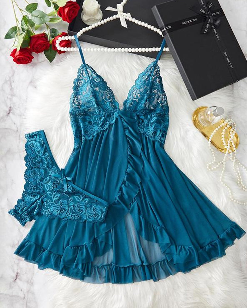 Ensemble nuit sexy en dentelle avec volants et jarretelles pour femme (chemise de nuit et culotte)