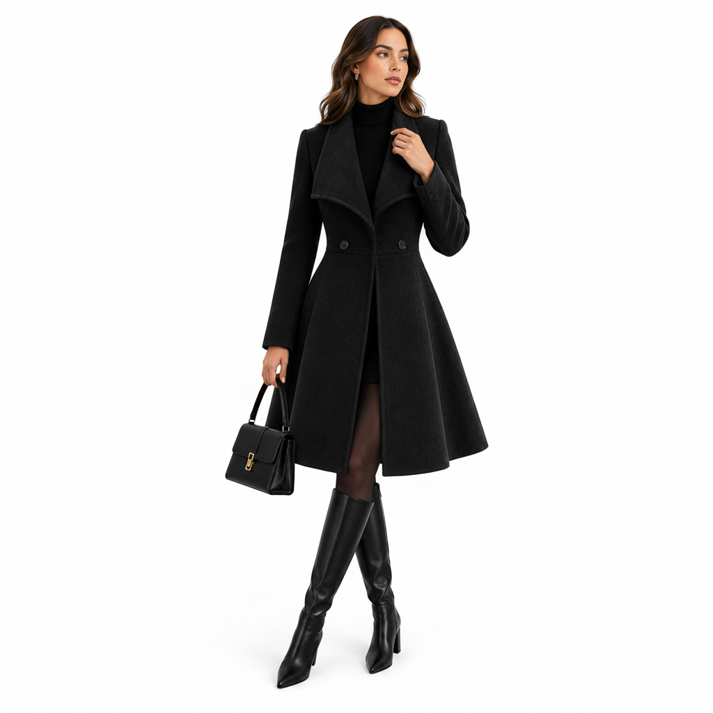 Manteau Aurora negro llevado sobre fondo blanco