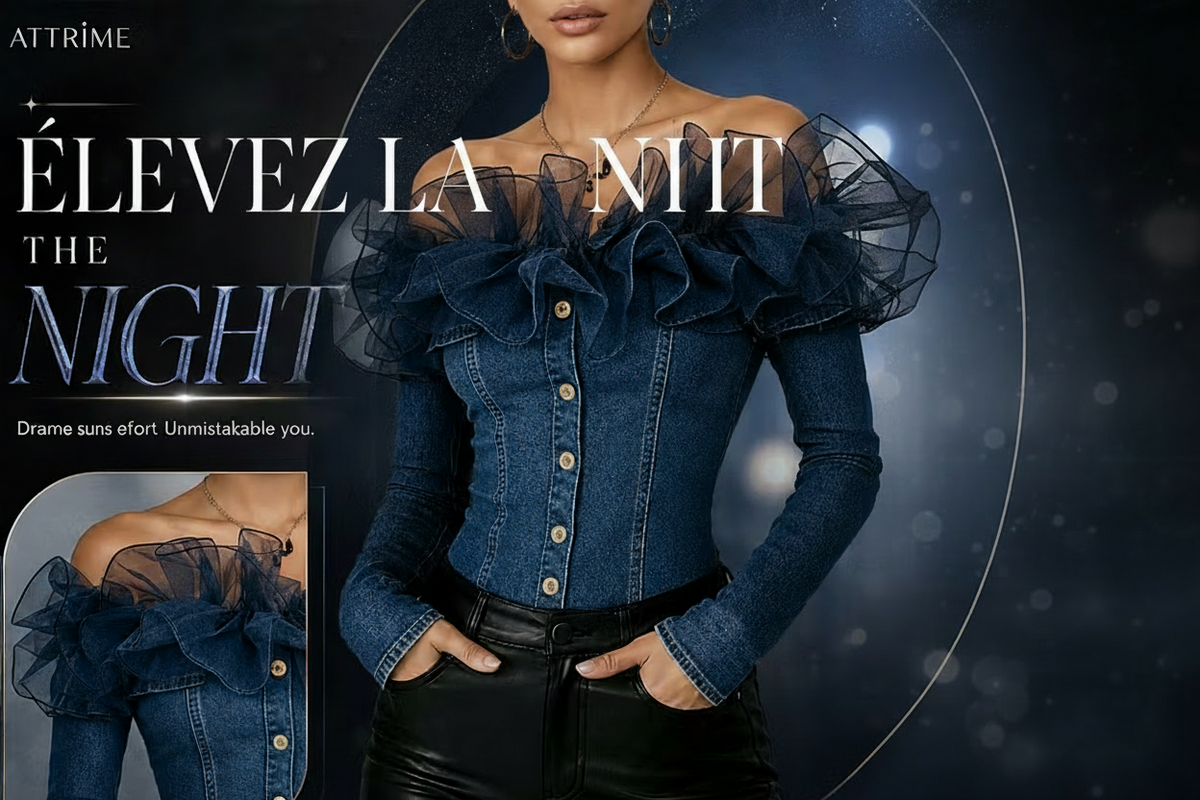Top Denim Volants Tulle – Pièce Statement Épaules Dénudées