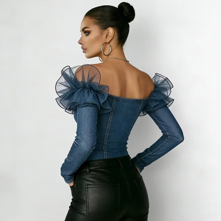 Top Denim Volants Tulle – Pièce Statement Épaules Dénudées