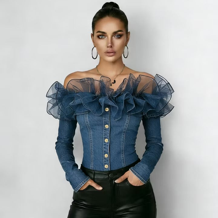 Top Denim Volants Tulle – Pièce Statement Épaules Dénudées