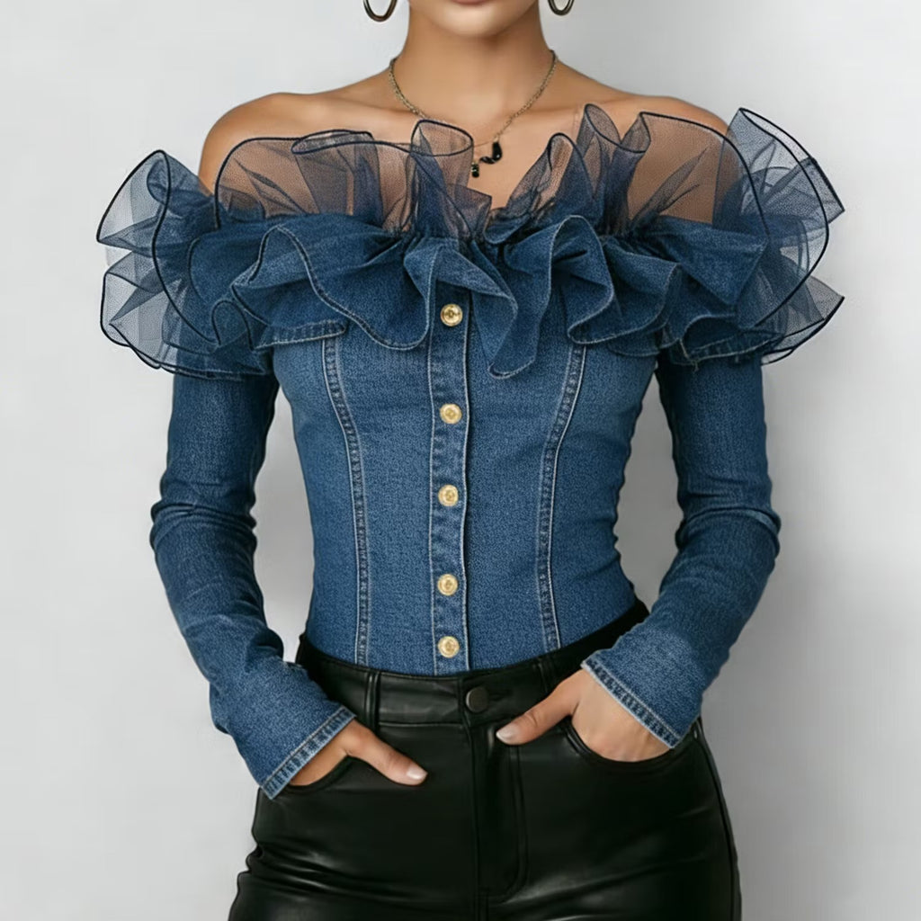 Top Denim Volants Tulle – Pièce Statement Épaules Dénudées