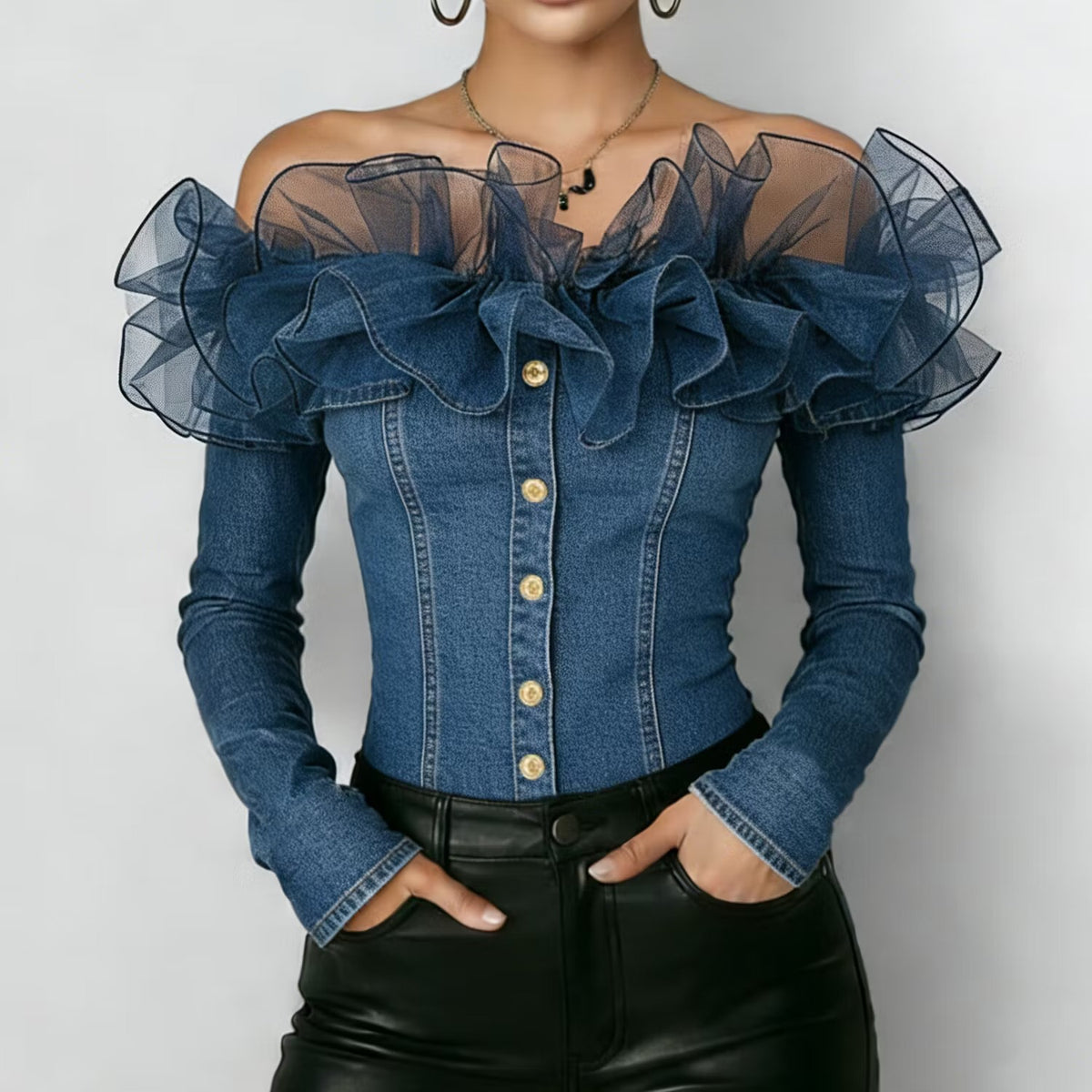 Top Denim Volants Tulle – Pièce Statement Épaules Dénudées