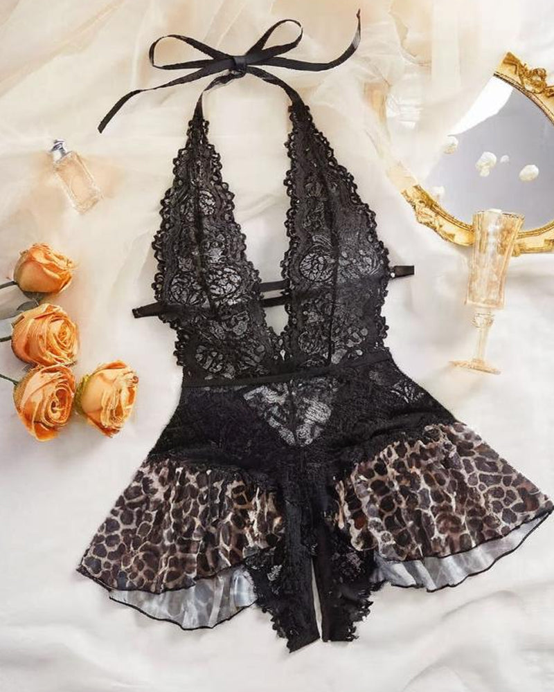 Pyjama sexy en dentelle de couleur unie pour femme