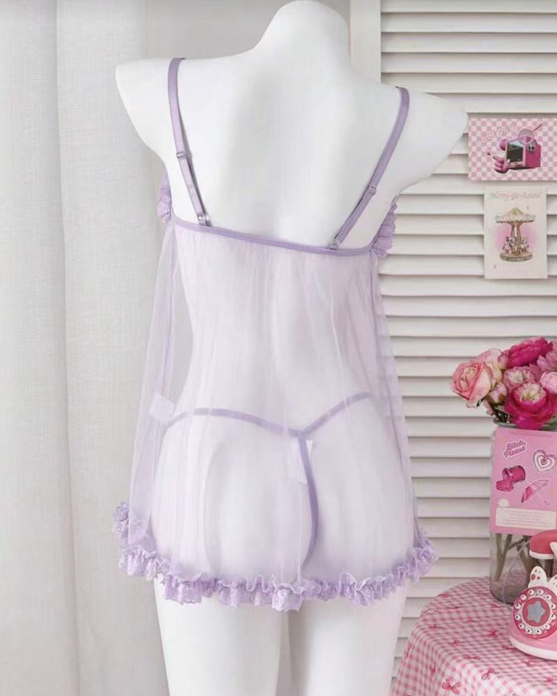 Ensemble de lingerie : robe nuisette sexy en dentelle et résille transparente