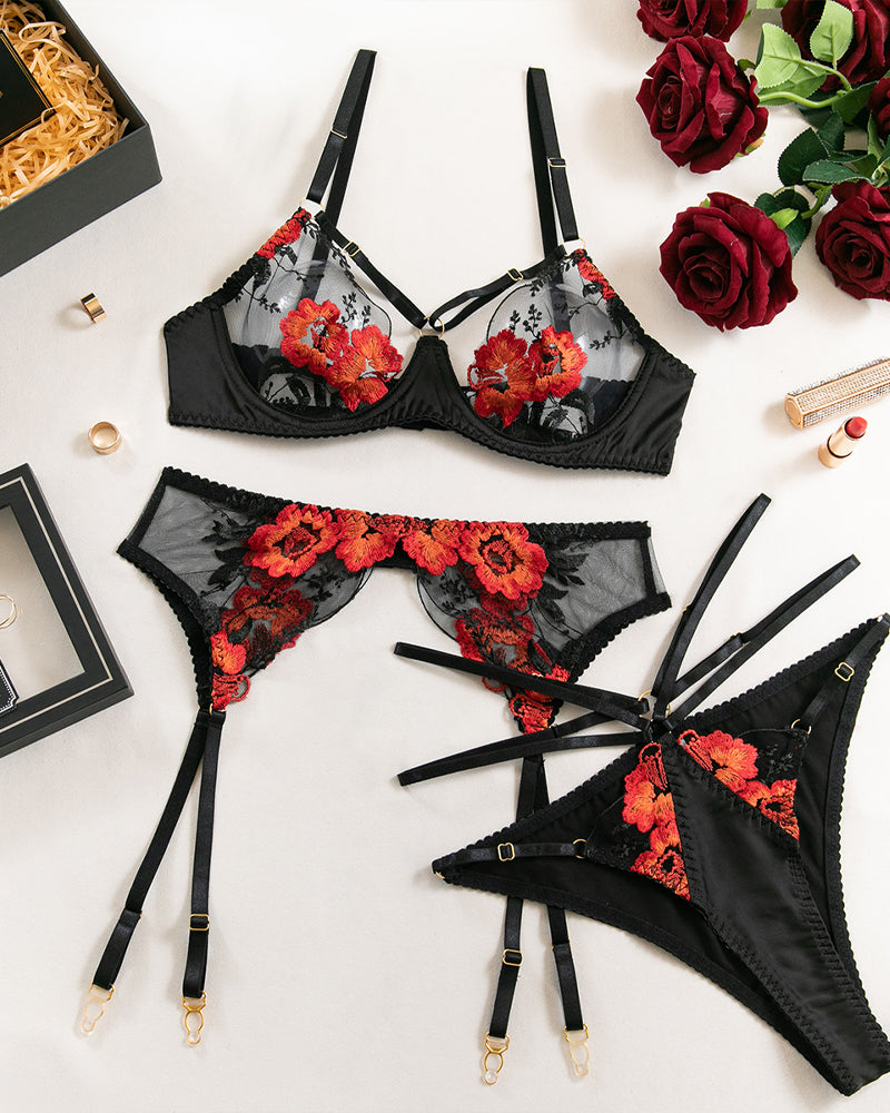 Ensemble de lingerie sexy en maille transparente brodée de motifs floraux