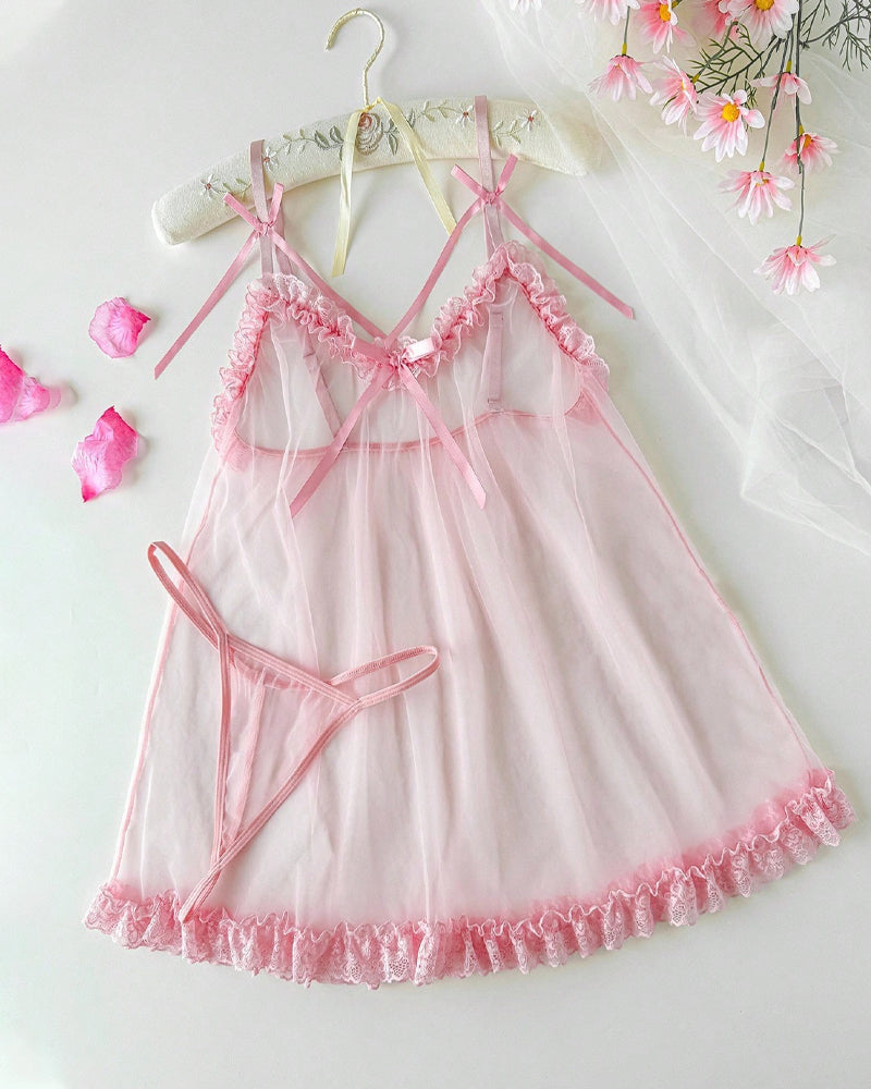 Ensemble de lingerie : robe nuisette sexy en dentelle et résille transparente