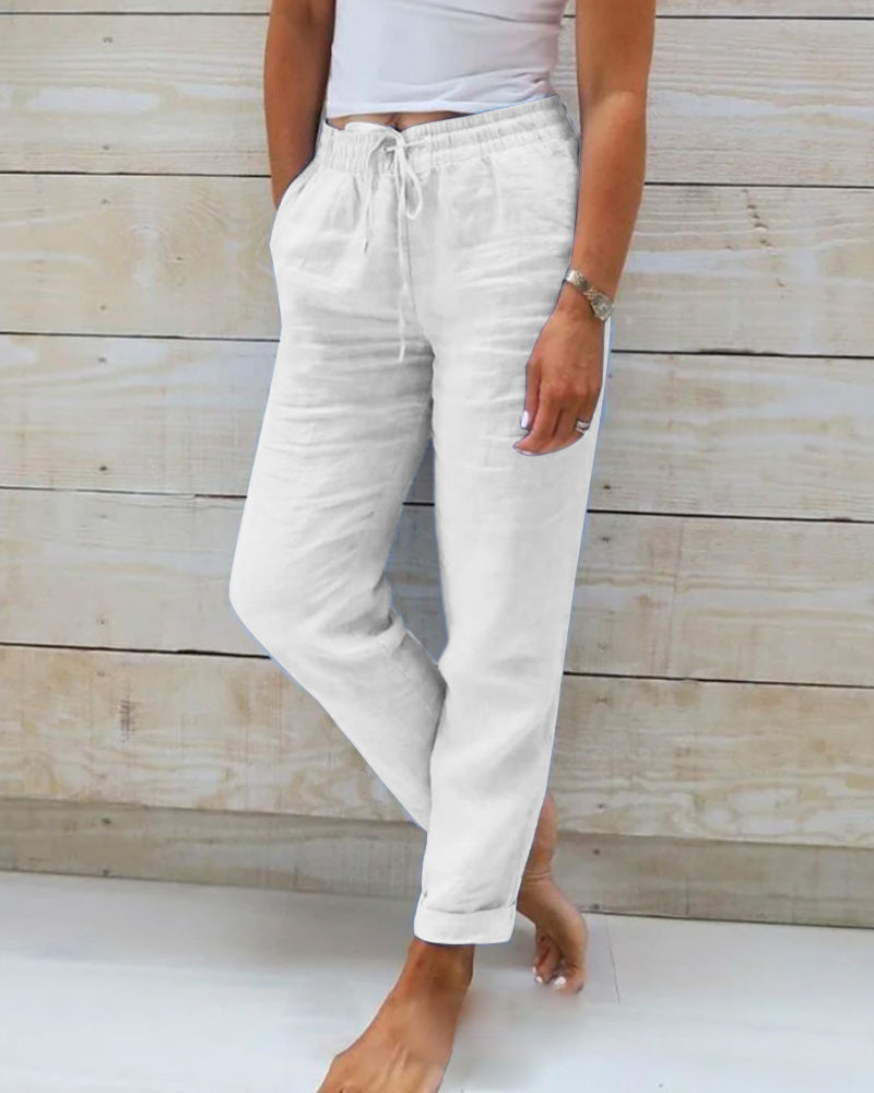 🌸 Pantalon décontracté pour femme en coton et lin avec taille élastique extensible