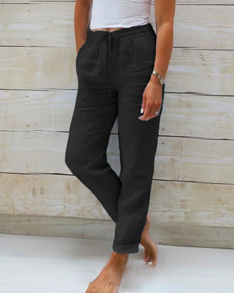 🌸 Pantalon décontracté pour femme en coton et lin avec taille élastique extensible