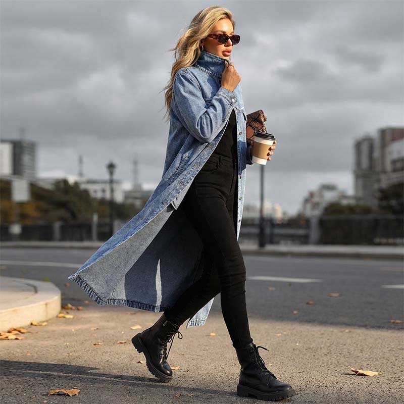 ⏳Offre spéciale à durée limitée⏰ Veste en jean décontractée longue à boutons pour femme