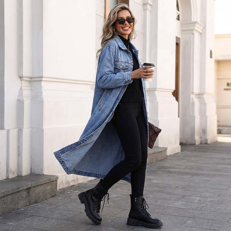 ⏳Offre spéciale à durée limitée⏰ Veste en jean décontractée longue à boutons pour femme