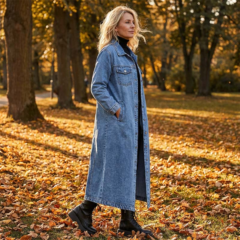 ⏳Offre spéciale à durée limitée⏰ Veste en jean décontractée longue à boutons pour femme