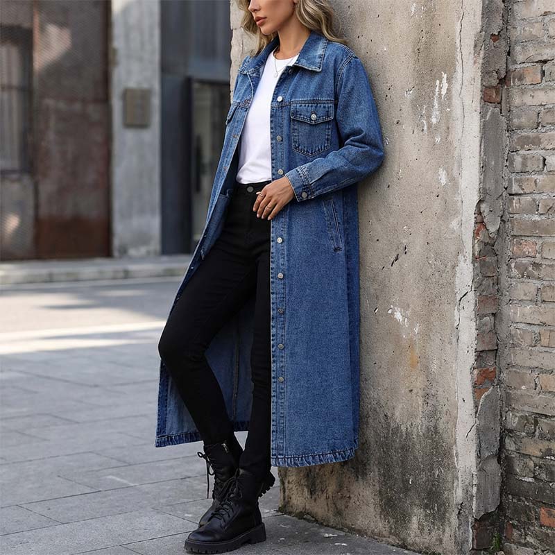 ⏳Offre spéciale à durée limitée⏰ Veste en jean décontractée longue à boutons pour femme