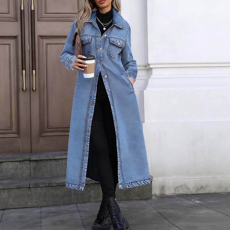 ⏳Offre spéciale à durée limitée⏰ Veste en jean décontractée longue à boutons pour femme