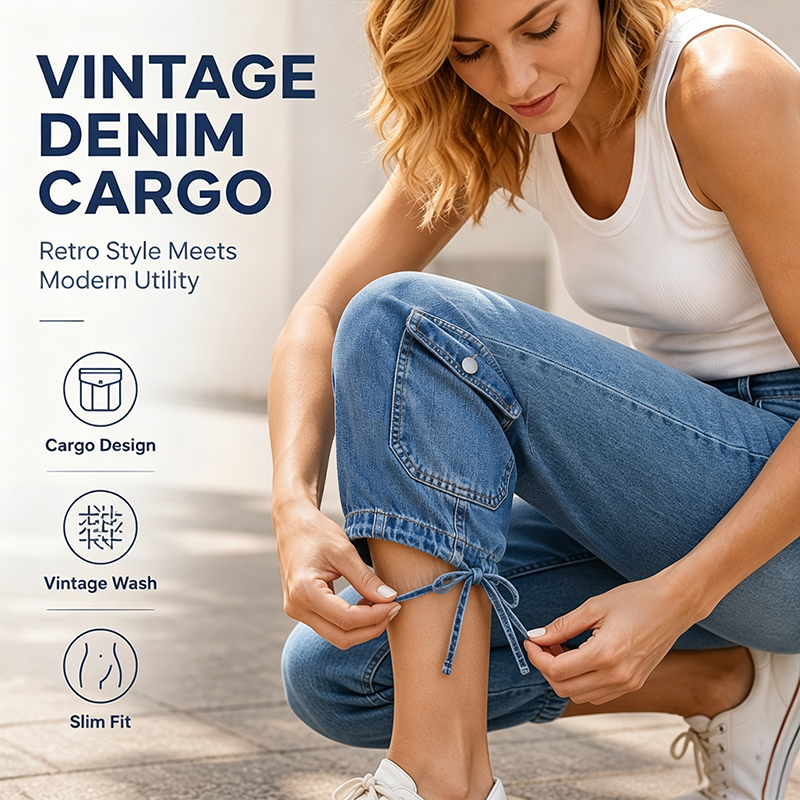👖 Jean corsaire cargo vintage à ourlet ajustable par cordon – poches utilitaires et style urbain décontracté pour les aventures du quotidien