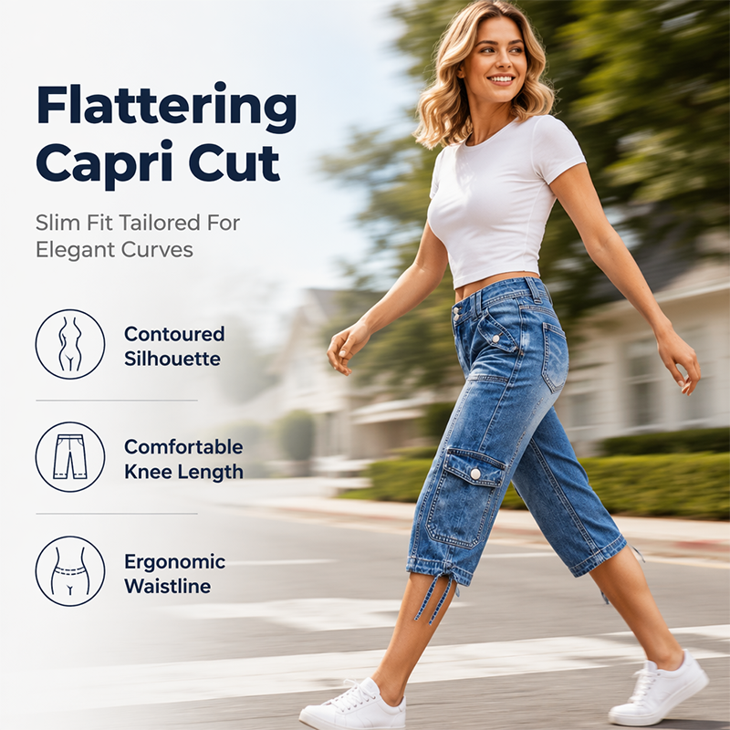 👖 Jean corsaire cargo vintage à ourlet ajustable par cordon – poches utilitaires et style urbain décontracté pour les aventures du quotidien