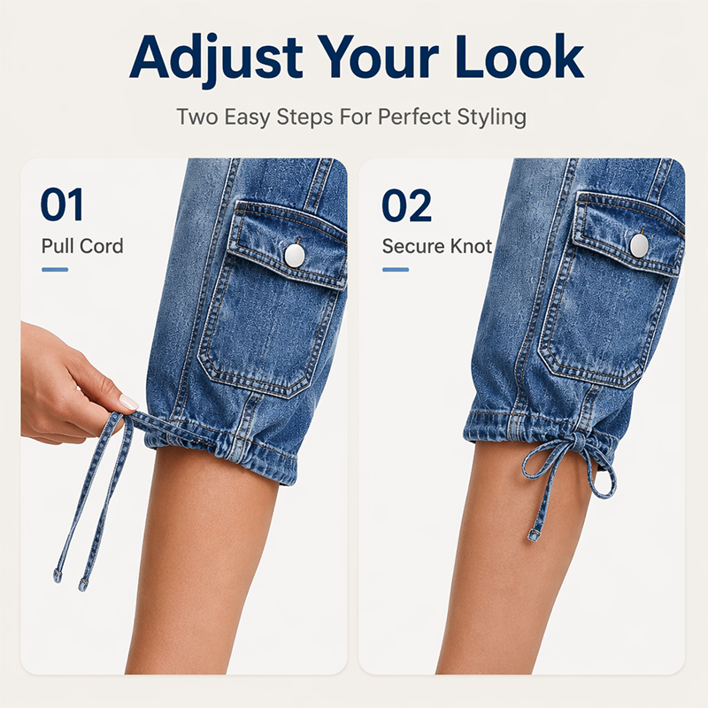 👖 Jean corsaire cargo vintage à ourlet ajustable par cordon – poches utilitaires et style urbain décontracté pour les aventures du quotidien