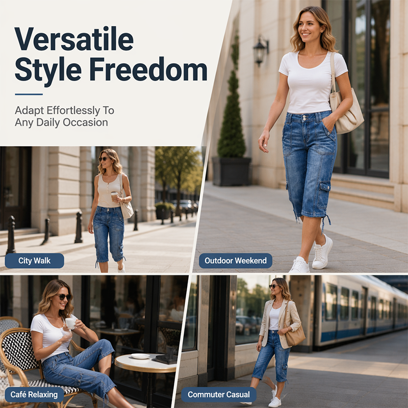 👖 Jean corsaire cargo vintage à ourlet ajustable par cordon – poches utilitaires et style urbain décontracté pour les aventures du quotidien