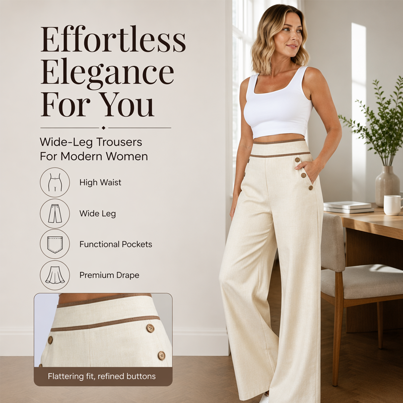 Incontournable🔥👖 Pantalon à jambes larges avec bordures contrastées – Coupe drapée élégante et taille haute flatteuse