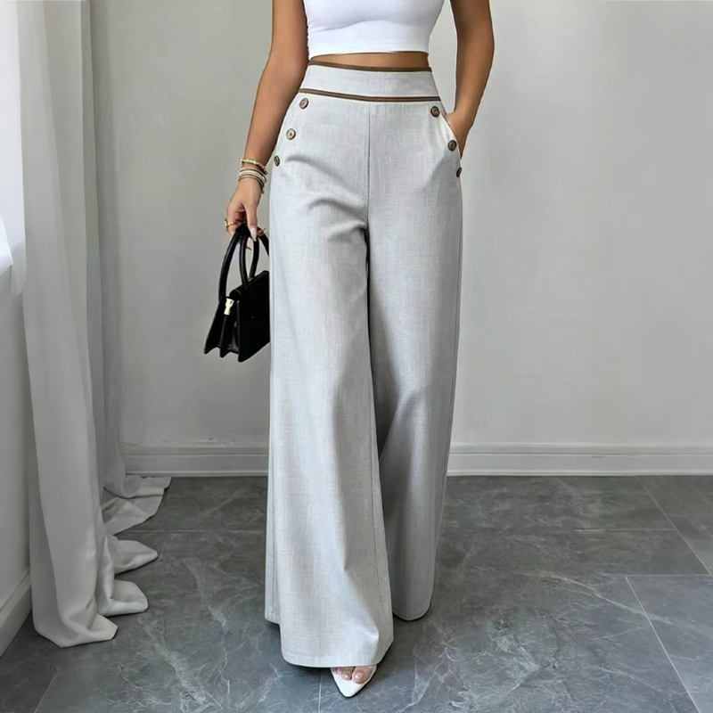 Incontournable🔥👖 Pantalon à jambes larges avec bordures contrastées – Coupe drapée élégante et taille haute flatteuse