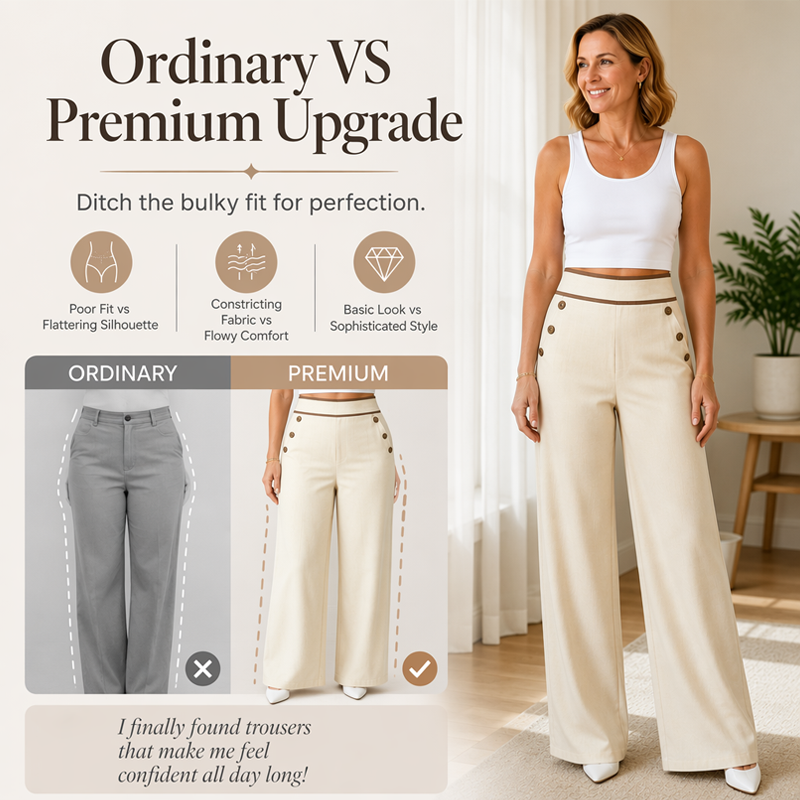 Incontournable🔥👖 Pantalon à jambes larges avec bordures contrastées – Coupe drapée élégante et taille haute flatteuse