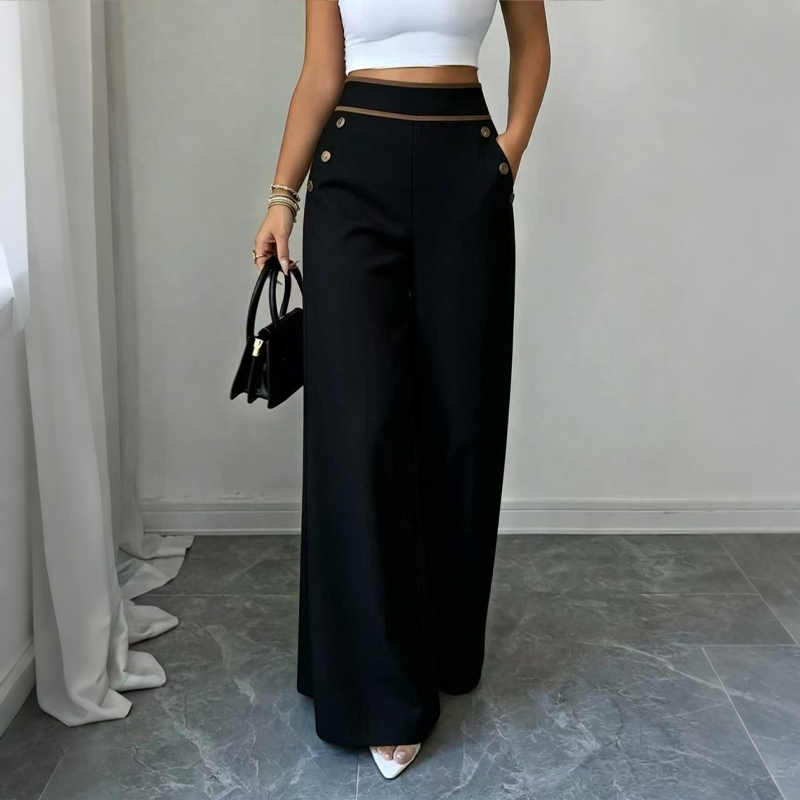 Incontournable🔥👖 Pantalon à jambes larges avec bordures contrastées – Coupe drapée élégante et taille haute flatteuse