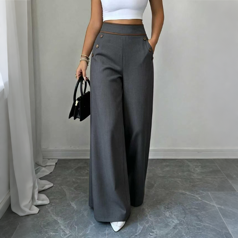 Incontournable🔥👖 Pantalon à jambes larges avec bordures contrastées – Coupe drapée élégante et taille haute flatteuse